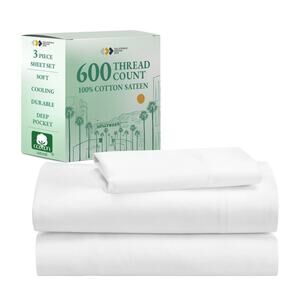 Luxury 3 Piece Sheet Set  100% Cotton, 600 Thread Twin 01 Bright White College